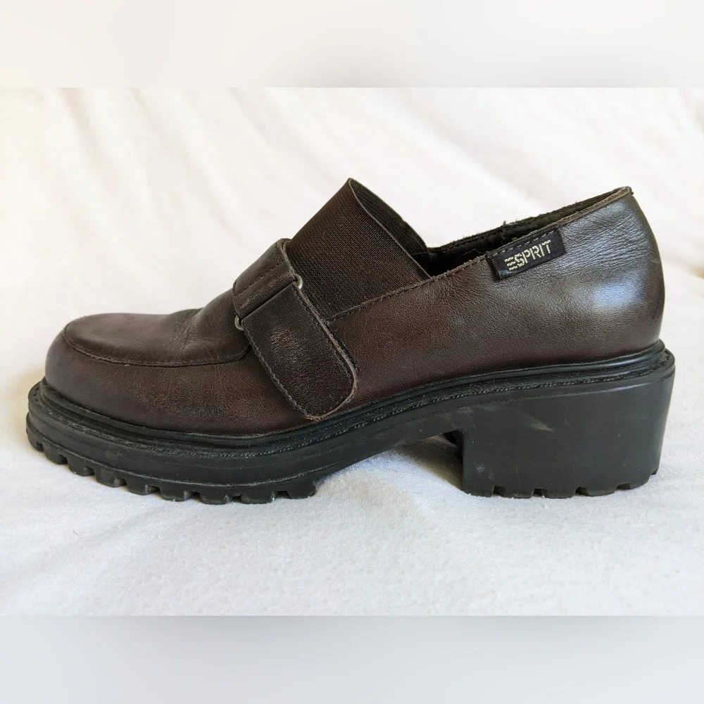 Vintage Espirit Y2K chunky brown leather loafers heels 6.5 90s academia platform - Picture 3 of 11